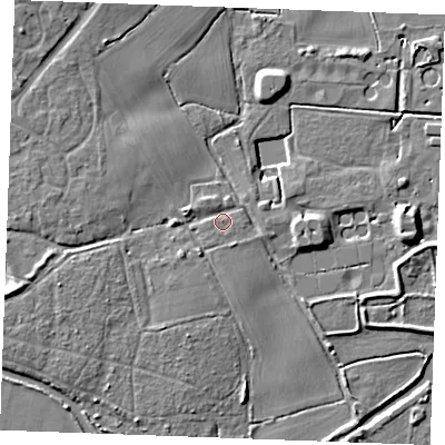 Shaded relief map of the ground around CM26NU, computed from Environment Agency LiDAR. The ground here sits at about 20 m above sea level and falls 8 m across the surrounding 800 m. Surface water reaching this point runs off ground lying to the south-west, 2.5 m higher.