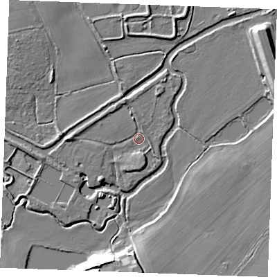 Shaded relief map of the ground around CM26NX, computed from Environment Agency LiDAR. The ground here sits at about 19 m above sea level and falls 13 m across the surrounding 800 m. Surface water reaching this point runs off ground lying to the west, 4.2 m higher.