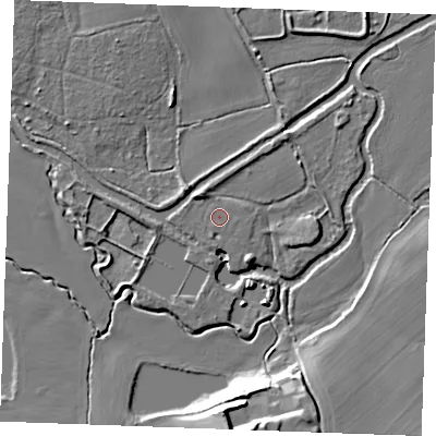 Shaded relief map of the ground around CM26NY, computed from Environment Agency LiDAR. The ground here sits at about 20 m above sea level and falls 17 m across the surrounding 800 m. The ground contributing surface water to this point lies to the south-west.
