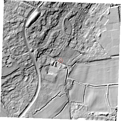 Shaded relief map of the ground around CM26NZ, computed from Environment Agency LiDAR. The ground here sits at about 21 m above sea level and falls 21 m across the surrounding 800 m. Surface water reaching this point runs off ground lying to the north-west, 17.7 m higher.