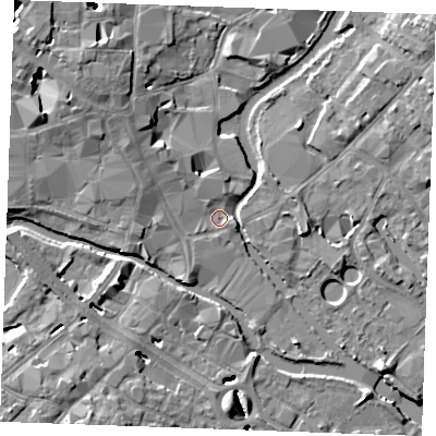 Shaded relief map of the ground around CM26QR, computed from Environment Agency LiDAR. The ground here sits at about 24 m above sea level and falls 10 m across the surrounding 800 m. Surface water reaching this point runs off ground lying to the north-west, 8.6 m higher.
