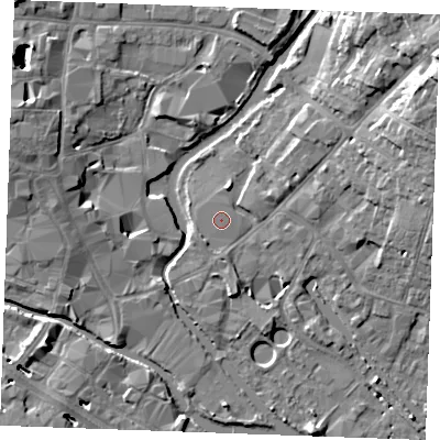 Shaded relief map of the ground around CM26QT, computed from Environment Agency LiDAR. The ground here sits at about 24 m above sea level and falls 13 m across the surrounding 800 m. The ground contributing surface water to this point lies to the north-north-east.