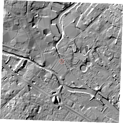 Shaded relief map of the ground around CM26RB, computed from Environment Agency LiDAR. The ground here sits at about 24 m above sea level and falls 11 m across the surrounding 800 m. Surface water reaching this point runs off ground lying to the north-east, 3.1 m higher.