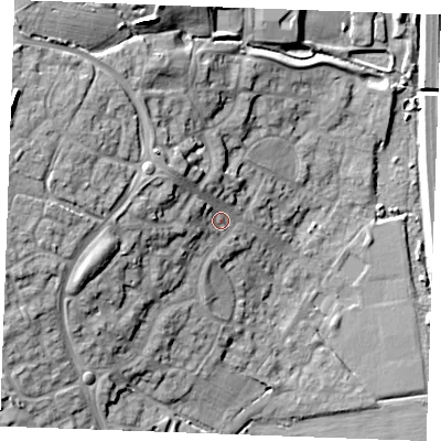 Shaded relief map of the ground around CM26WS, computed from Environment Agency LiDAR. The ground here sits at about 25 m above sea level and falls 24 m across the surrounding 800 m. Surface water reaching this point runs off ground lying to the west-north-west, 16.4 m higher.