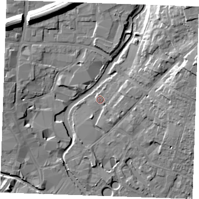 Shaded relief map of the ground around CM26WY, computed from Environment Agency LiDAR. The ground here sits at about 25 m above sea level and falls 16 m across the surrounding 800 m. Surface water reaching this point runs off ground lying to the north-north-west, 1.0 m higher.