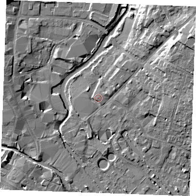 Shaded relief map of the ground around CM26XF, computed from Environment Agency LiDAR. The ground here sits at about 25 m above sea level and falls 15 m across the surrounding 800 m. Surface water reaching this point runs off ground lying to the east-north-east, 13.0 m higher.