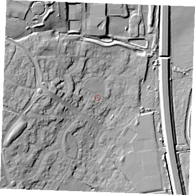 Shaded relief map of the ground around CM26YF, computed from Environment Agency LiDAR. The ground here sits at about 21 m above sea level and falls 22 m across the surrounding 800 m. Surface water reaching this point runs off ground lying to the west, 7.7 m higher.