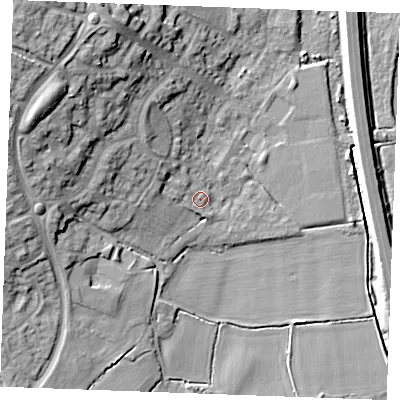 Shaded relief map of the ground around CM26YH, computed from Environment Agency LiDAR. The ground here sits at about 20 m above sea level and falls 20 m across the surrounding 800 m. Surface water reaching this point runs off ground lying to the west-south-west, 1.7 m higher.