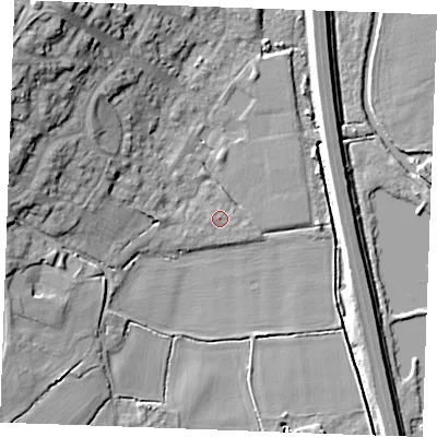 Shaded relief map of the ground around CM26YL, computed from Environment Agency LiDAR. The ground here sits at about 19 m above sea level and falls 17 m across the surrounding 800 m. Surface water reaching this point runs off ground lying to the west, 0.5 m higher.