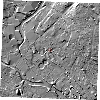 Shaded relief map of the ground around CM26YQ, computed from Environment Agency LiDAR. The ground here sits at about 24 m above sea level and falls 16 m across the surrounding 800 m. Surface water reaching this point runs off ground lying to the north-east, 2.2 m higher.