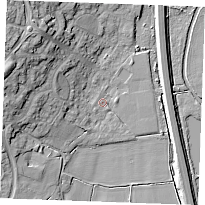 Shaded relief map of the ground around CM26YS, computed from Environment Agency LiDAR. The ground here sits at about 19 m above sea level and falls 19 m across the surrounding 800 m. Surface water reaching this point runs off ground lying to the west, 5.7 m higher.