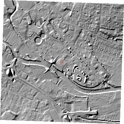 Shaded relief map of the ground around CM26YT, computed from Environment Agency LiDAR. The ground here sits at about 24 m above sea level and falls 12 m across the surrounding 800 m. Surface water reaching this point runs off ground lying to the north-north-east, 0.6 m higher.