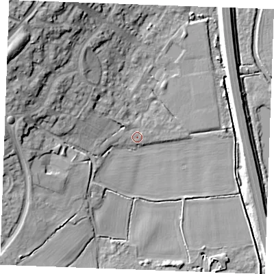 Shaded relief map of the ground around CM26YU, computed from Environment Agency LiDAR. The ground here sits at about 19 m above sea level and falls 19 m across the surrounding 800 m. Surface water reaching this point runs off ground lying to the west-north-west, 8.5 m higher.