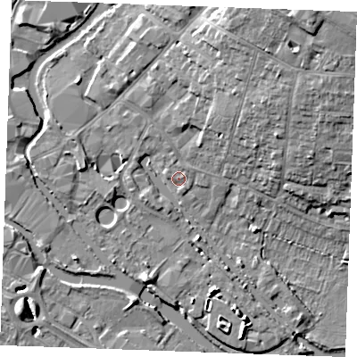 Shaded relief map of the ground around CM26ZH, computed from Environment Agency LiDAR. The ground here sits at about 24 m above sea level and falls 16 m across the surrounding 800 m. Surface water reaching this point runs off ground lying to the north, 0.7 m higher.