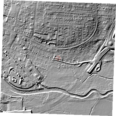 Shaded relief map of the ground around CM26ZN, computed from Environment Agency LiDAR. The ground here sits at about 23 m above sea level and falls 13 m across the surrounding 800 m. Surface water reaching this point runs off ground lying to the north-north-east, 12.0 m higher.
