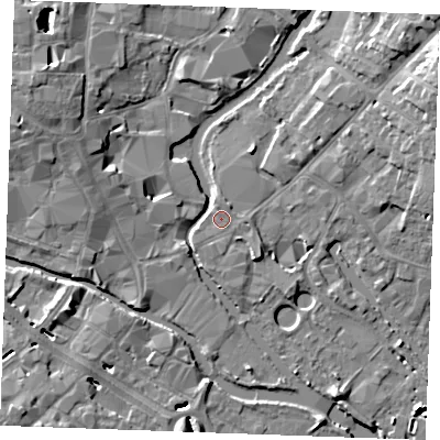 Shaded relief map of the ground around CM26ZP, computed from Environment Agency LiDAR. The ground here sits at about 25 m above sea level and falls 12 m across the surrounding 800 m. Surface water reaching this point runs off ground lying to the north-north-west, 1.0 m higher.