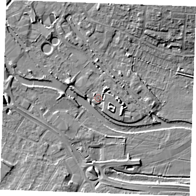 Shaded relief map of the ground around CM26ZQ, computed from Environment Agency LiDAR. The ground here sits at about 24 m above sea level and falls 10 m across the surrounding 800 m. Surface water reaching this point runs off ground lying to the south-east, 1.5 m higher.