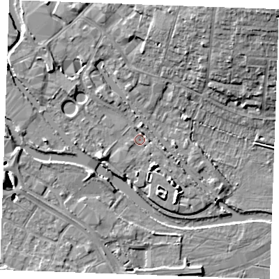 Shaded relief map of the ground around CM26ZT, computed from Environment Agency LiDAR. The ground here sits at about 23 m above sea level and falls 13 m across the surrounding 800 m. Surface water reaching this point runs off ground lying to the east-south-east, 2.6 m higher.
