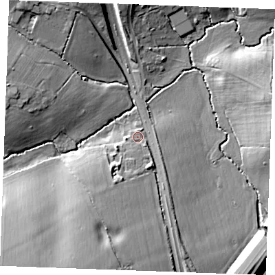 Shaded relief map of the ground around CM27AB, computed from Environment Agency LiDAR. The ground here sits at about 28 m above sea level and falls 17 m across the surrounding 800 m. Surface water reaching this point runs off ground lying to the south-south-west, 11.2 m higher.