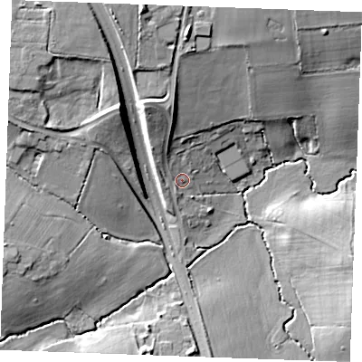 Shaded relief map of the ground around CM27AD, computed from Environment Agency LiDAR. The ground here sits at about 29 m above sea level and falls 18 m across the surrounding 800 m. Surface water reaching this point runs off ground lying to the north-north-west, 10.9 m higher.