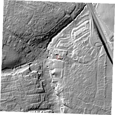 Shaded relief map of the ground around CM27DW, computed from Environment Agency LiDAR. The ground here sits at about 32 m above sea level and falls 20 m across the surrounding 800 m. Surface water reaching this point runs off ground lying to the south-east, 4.4 m higher.