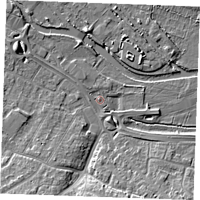 Shaded relief map of the ground around CM27FS, computed from Environment Agency LiDAR. The ground here sits at about 23 m above sea level and falls 10 m across the surrounding 800 m. Surface water reaching this point runs off ground lying to the south-west, 9.8 m higher.