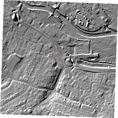 Shaded relief map of the ground around CM27GY, computed from Environment Agency LiDAR. The ground here sits at about 23 m above sea level and falls 12 m across the surrounding 800 m. Surface water reaching this point runs off ground lying to the south-south-east, 9.5 m higher.