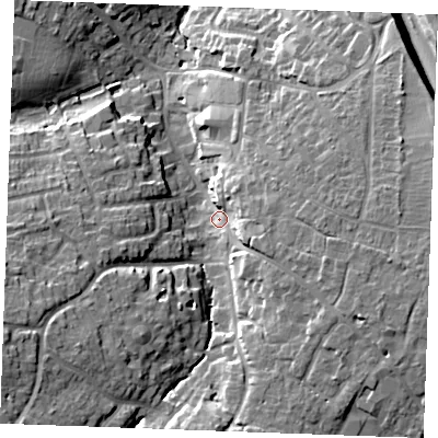 Shaded relief map of the ground around CM27HH, computed from Environment Agency LiDAR. The ground here sits at about 33 m above sea level and falls 19 m across the surrounding 800 m. Surface water reaching this point runs off ground lying to the south-west, 13.3 m higher.