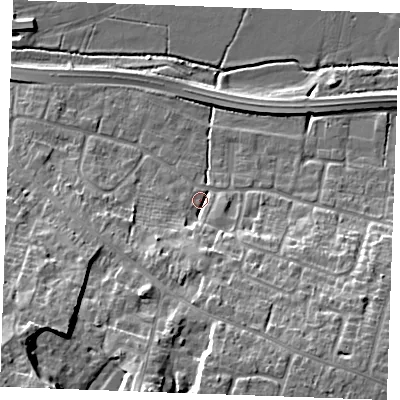 Shaded relief map of the ground around CM27LY, computed from Environment Agency LiDAR. The ground here sits at about 26 m above sea level and falls 22 m across the surrounding 800 m. Surface water reaching this point runs off ground lying to the south, 10.5 m higher.