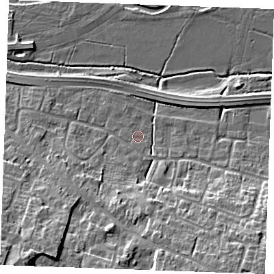 Shaded relief map of the ground around CM27NJ, computed from Environment Agency LiDAR. The ground here sits at about 24 m above sea level and falls 20 m across the surrounding 800 m. Surface water reaching this point runs off ground lying to the south, 9.0 m higher.