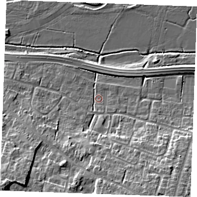 Shaded relief map of the ground around CM27NL, computed from Environment Agency LiDAR. The ground here sits at about 24 m above sea level and falls 19 m across the surrounding 800 m. Surface water reaching this point runs off ground lying to the south, 11.5 m higher.