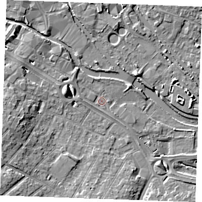 Shaded relief map of the ground around CM27PJ, computed from Environment Agency LiDAR. The ground here sits at about 23 m above sea level and falls 9 m across the surrounding 800 m. Surface water reaching this point runs off ground lying to the west-north-west, 6.0 m higher.