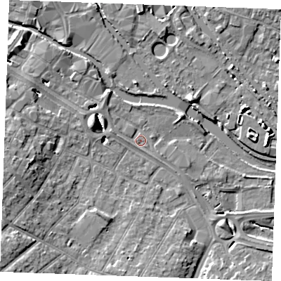 Shaded relief map of the ground around CM27PL, computed from Environment Agency LiDAR. The ground here sits at about 23 m above sea level and falls 9 m across the surrounding 800 m. Surface water reaching this point runs off ground lying to the west-north-west, 6.0 m higher.