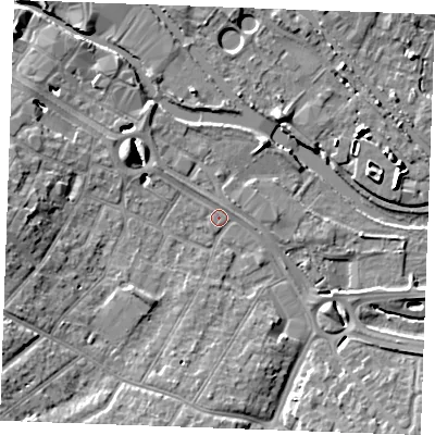 Shaded relief map of the ground around CM27PN, computed from Environment Agency LiDAR. The ground here sits at about 23 m above sea level and falls 9 m across the surrounding 800 m. Surface water reaching this point runs off ground lying to the south-west, 8.4 m higher.