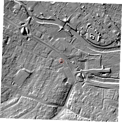 Shaded relief map of the ground around CM27PR, computed from Environment Agency LiDAR. The ground here sits at about 24 m above sea level and falls 10 m across the surrounding 800 m. Surface water reaching this point runs off ground lying to the south-west, 9.5 m higher.