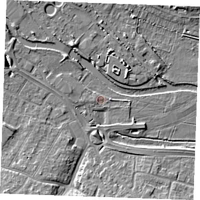 Shaded relief map of the ground around CM27PX, computed from Environment Agency LiDAR. The ground here sits at about 23 m above sea level and falls 9 m across the surrounding 800 m. Surface water reaching this point runs off ground lying to the west-south-west, 1.0 m higher.