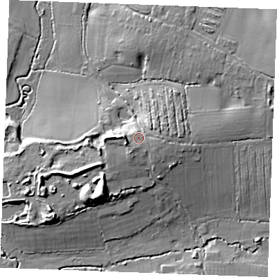 Shaded relief map of the ground around CM27RP, computed from Environment Agency LiDAR. The ground here sits at about 34 m above sea level and falls 18 m across the surrounding 800 m. Surface water reaching this point runs off ground lying to the south-south-west, 2.3 m higher.