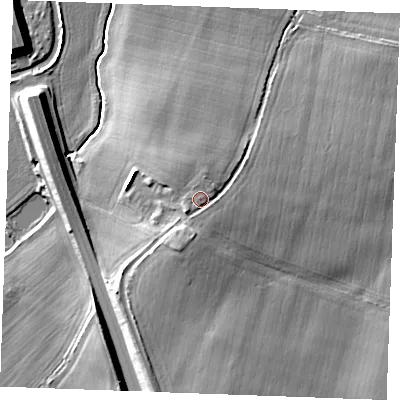 Shaded relief map of the ground around CM27RS, computed from Environment Agency LiDAR. The ground here sits at about 28 m above sea level and falls 12 m across the surrounding 800 m. Surface water reaching this point runs off ground lying to the east-north-east, 0.8 m higher.