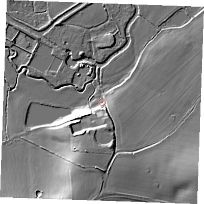 Shaded relief map of the ground around CM27RT, computed from Environment Agency LiDAR. The ground here sits at about 20 m above sea level and falls 18 m across the surrounding 800 m. Surface water reaching this point runs off ground lying to the south-south-west, 15.7 m higher.