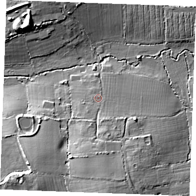 Shaded relief map of the ground around CM27RW, computed from Environment Agency LiDAR. The ground here sits at about 31 m above sea level and falls 18 m across the surrounding 800 m. Surface water reaching this point runs off ground lying to the south, 12.0 m higher.