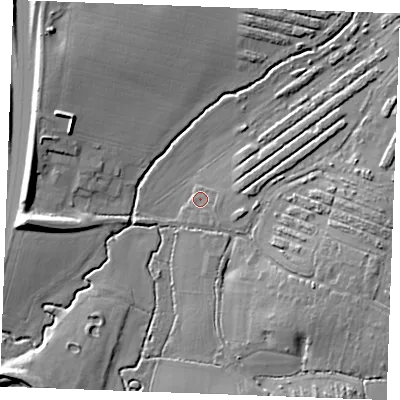 Shaded relief map of the ground around CM27SG, computed from Environment Agency LiDAR. The ground here sits at about 23 m above sea level and falls 12 m across the surrounding 800 m. Surface water reaching this point runs off ground lying to the south-east, 2.0 m higher.