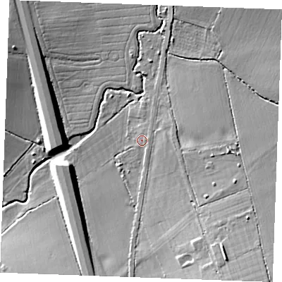Shaded relief map of the ground around CM27TD, computed from Environment Agency LiDAR. The ground here sits at about 30 m above sea level and falls 14 m across the surrounding 800 m. Surface water reaching this point runs off ground lying to the east, 1.0 m higher.