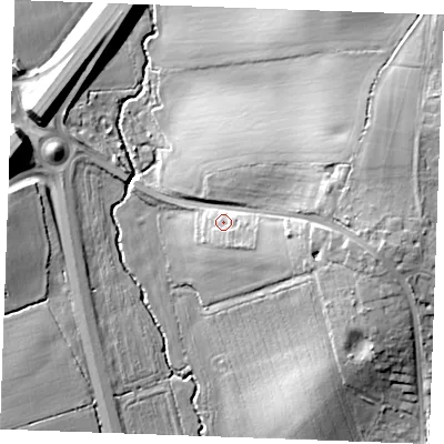 Shaded relief map of the ground around CM27TN, computed from Environment Agency LiDAR. The ground here sits at about 33 m above sea level and falls 20 m across the surrounding 800 m. Surface water reaching this point runs off ground lying to the east, 13.6 m higher.