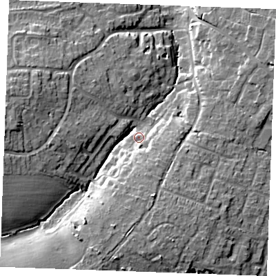 Shaded relief map of the ground around CM28EA, computed from Environment Agency LiDAR. The ground here sits at about 39 m above sea level and falls 17 m across the surrounding 800 m. Surface water reaching this point runs off ground lying to the south-south-east, 5.5 m higher.