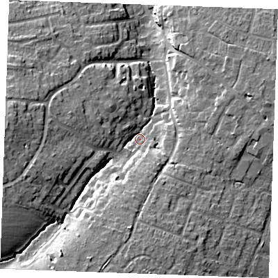 Shaded relief map of the ground around CM28GB, computed from Environment Agency LiDAR. The ground here sits at about 36 m above sea level and falls 16 m across the surrounding 800 m. Surface water reaching this point runs off ground lying to the west-south-west, 11.7 m higher.