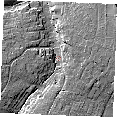 Shaded relief map of the ground around CM28HZ, computed from Environment Agency LiDAR. The ground here sits at about 34 m above sea level and falls 16 m across the surrounding 800 m. Surface water reaching this point runs off ground lying to the west-south-west, 12.5 m higher.