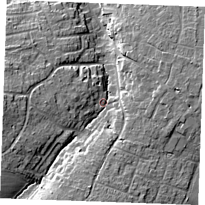Shaded relief map of the ground around CM28JL, computed from Environment Agency LiDAR. The ground here sits at about 36 m above sea level and falls 16 m across the surrounding 800 m. Surface water reaching this point runs off ground lying to the west-south-west, 12.4 m higher.