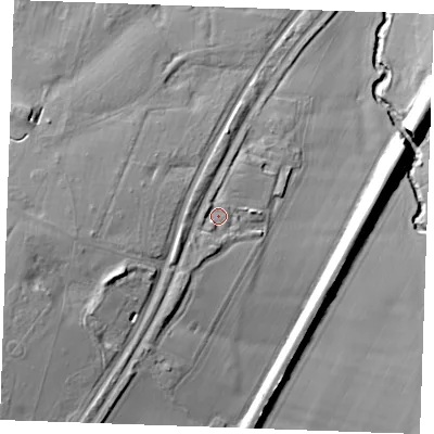 Shaded relief map of the ground around CM28TG, computed from Environment Agency LiDAR. The ground here sits at about 41 m above sea level and falls 29 m across the surrounding 800 m. Surface water reaching this point runs off ground lying to the south-south-west, 7.0 m higher.