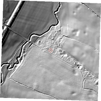Shaded relief map of the ground around CM28TH, computed from Environment Agency LiDAR. The ground here sits at about 38 m above sea level and falls 35 m across the surrounding 800 m. Surface water reaching this point runs off ground lying to the south-east, 26.4 m higher.