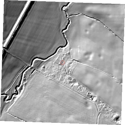 Shaded relief map of the ground around CM28TJ, computed from Environment Agency LiDAR. The ground here sits at about 35 m above sea level and falls 33 m across the surrounding 800 m. Surface water reaching this point runs off ground lying to the south-east, 28.3 m higher.